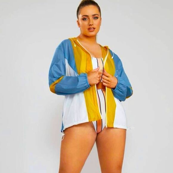SHEIN plus Plus Colorblock Zip Up Hooded Sports Jacket - Picture 1 of 12
